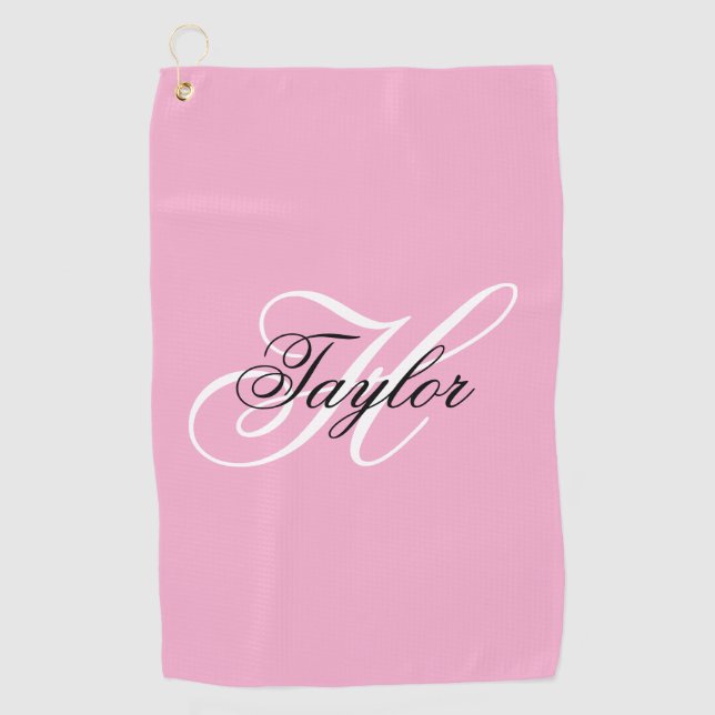 Black and White Fancy Monogram Pink Golf Towel (Front)