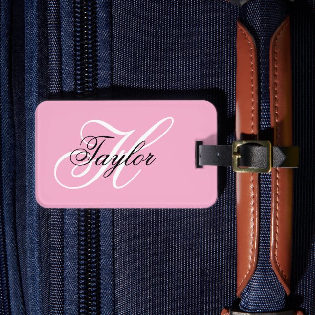 Black and White Fancy Monogram Pink Luggage Tag (Front Insitu 4)