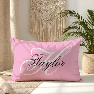 Black and White Fancy Monogram Pink Lumbar Cushion