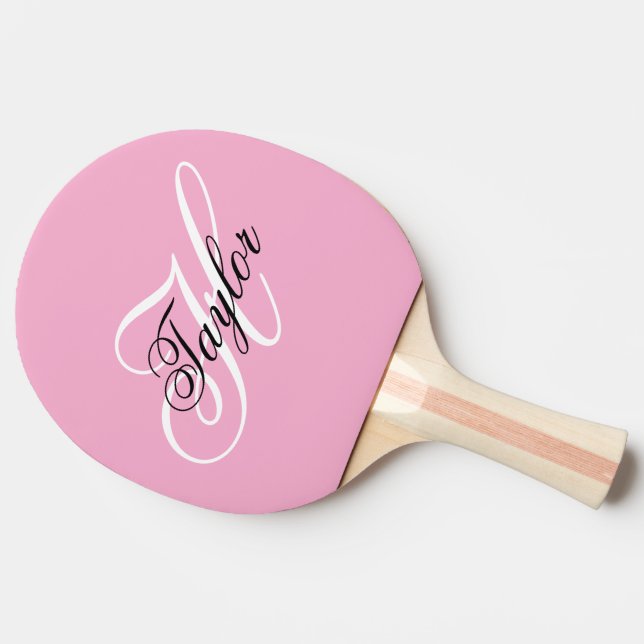 Black and White Fancy Monogram Pink Ping Pong Paddle (Side)