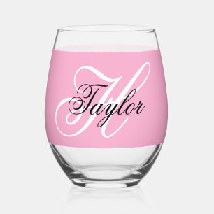 Black and White Fancy Monogram Pink Stemless Wine Glass