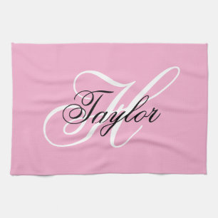 Black and White Fancy Monogram Pink Tea Towel