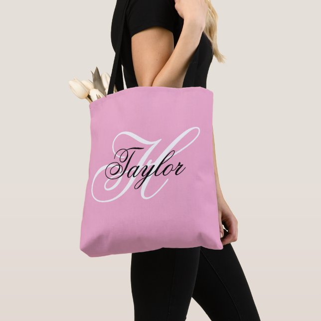 Black and White Fancy Monogram Pink Tote Bag (Close Up)