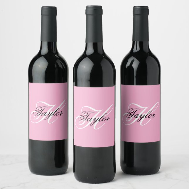Black and White Fancy Monogram Pink Wine Label (Bottles)