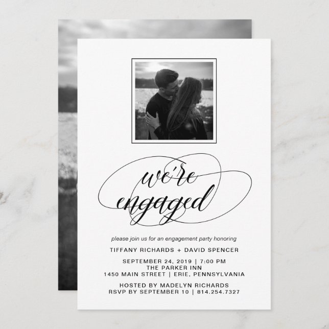 Black and White Fancy Script Engagement Party Invitation (Front/Back)