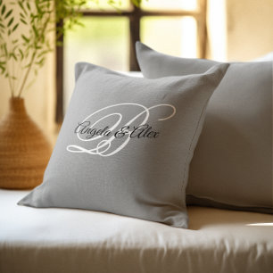 Black and White Fancy Script Monogram Grey Cushion