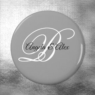 Black and White Fancy Script Monogram Grey Magnet