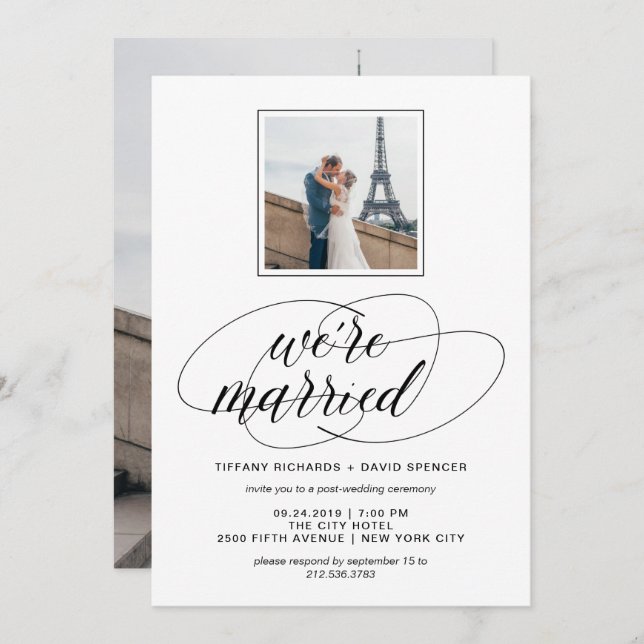 Black and White Fancy Script Photo | We're Married Invitation (Front/Back)