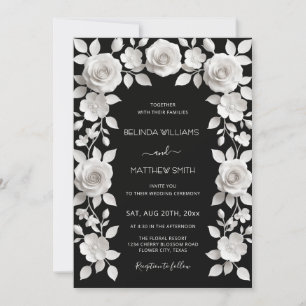 Black And White Faux Relief Roses Frame Wedding Invitation