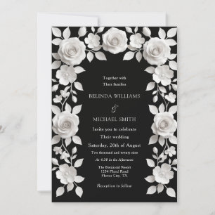  Black And White Faux Relief Roses Frame Wedding  Invitation