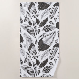 Black and white feathers pattern beach towel