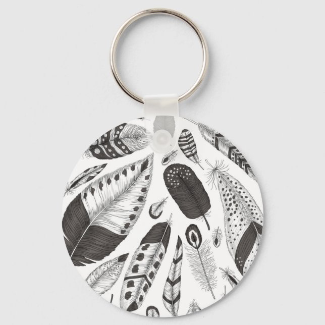 Black and white feathers pattern key ring (Front)