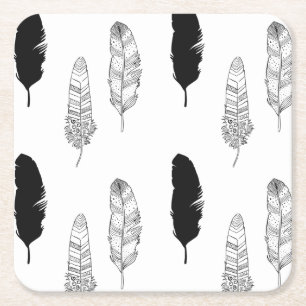 Black and White Feathers Square Paper Coaster