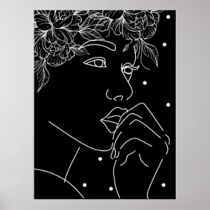 Black and White Feminine Floral Kiss Line Art Poster
