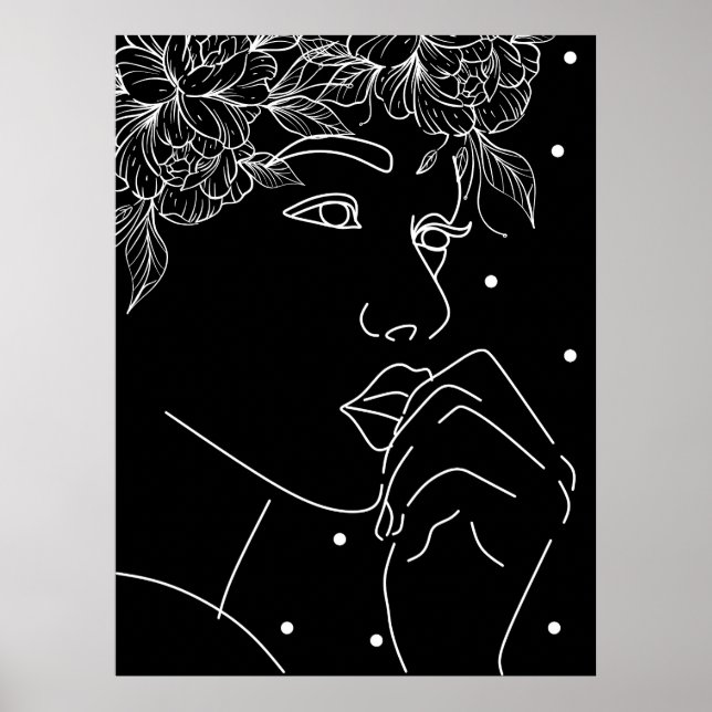 Black and White Feminine Floral Kiss Line Art Poster (Front)