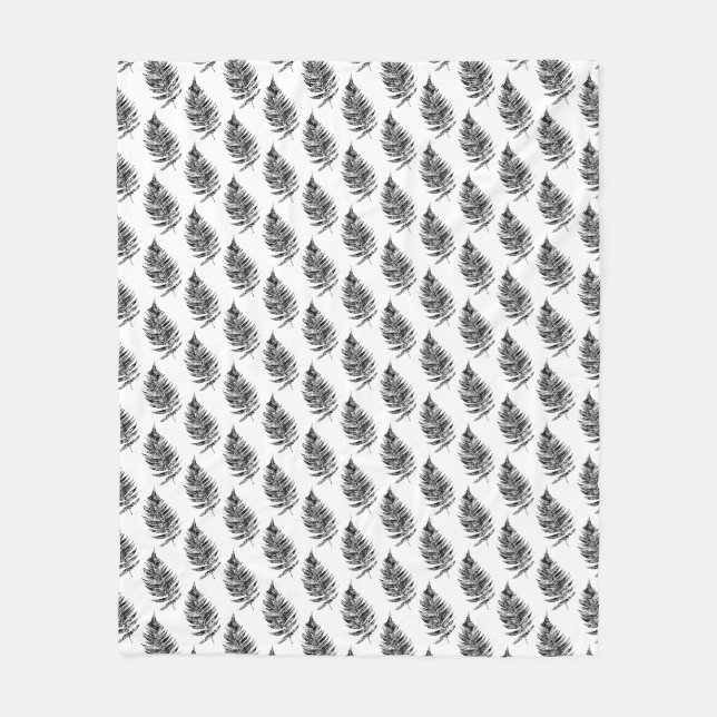 Black and White Fern Leaf Print Pattern Fleece Blanket (Front)