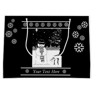 black and white festive design of cute snowman large gift bag