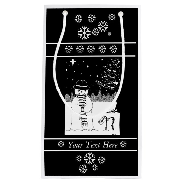 black and white festive design of cute snowman small gift bag (Front)