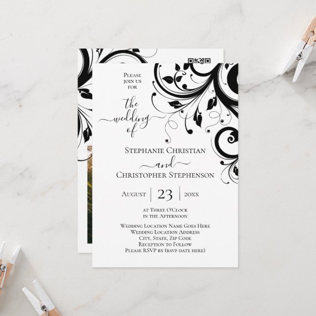 Black and White Festive Swirl Photo and QR Code Invitation (Front/Back In Situ)