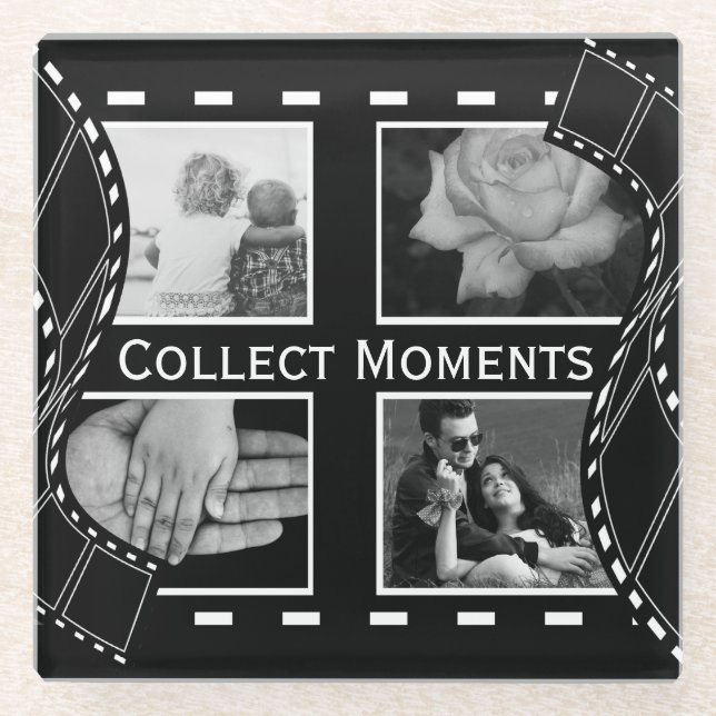 Black and White Film Reel Custom Photo Glass Coaster (Front)