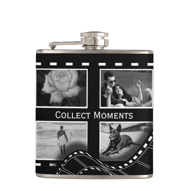Black and White Film Reel Custom Photo Hip Flask (Front)