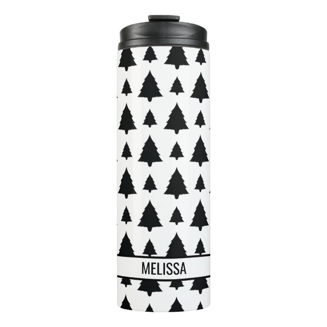Black And White Fir Christmas Tree Pattern & Name Thermal Tumbler (Front)