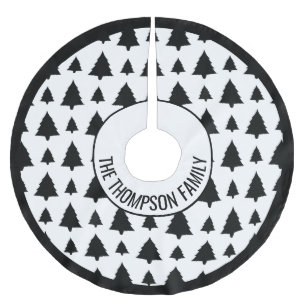 Black And White Fir Christmas Tree Pattern & Text Brushed Polyester Tree Skirt