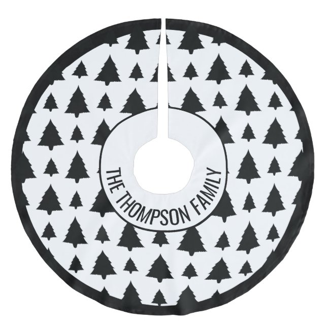 Black And White Fir Christmas Tree Pattern & Text Brushed Polyester Tree Skirt (Front)