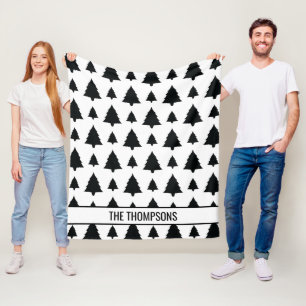 Black And White Fir Christmas Tree Pattern & Text Fleece Blanket