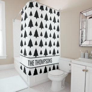 Black And White Fir Christmas Tree Pattern & Text Shower Curtain