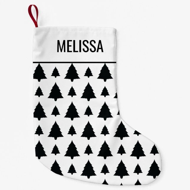Black And White Fir Christmas Tree Pattern & Text Small Christmas Stocking (Front)
