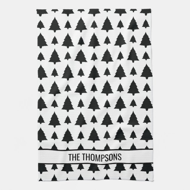 Black And White Fir Christmas Tree Pattern & Text Tea Towel (Vertical)