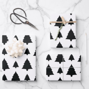 Black And White Fir Christmas Tree Pattern Wrapping Paper Sheet
