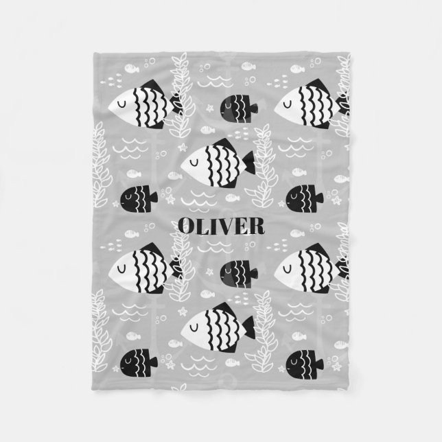 Black And White Fish Fleece Blanket (Front)