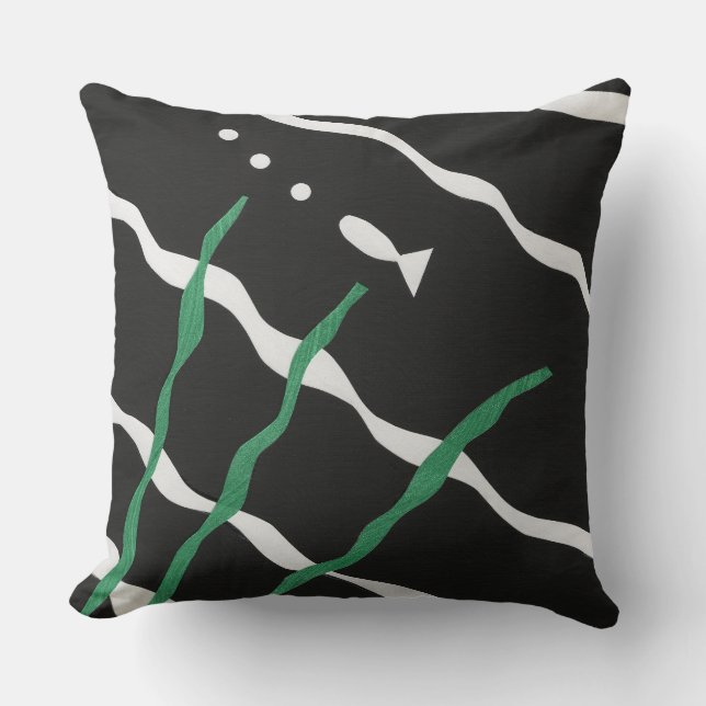 Black and White Fish with bubbles and seaweed Cushion (Front)