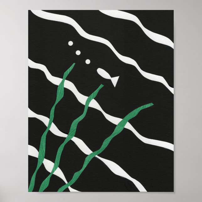 Black and White Fish with bubbles and seaweed Poster (Front)