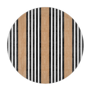 Black and white five stripe pattern with tan cutting board