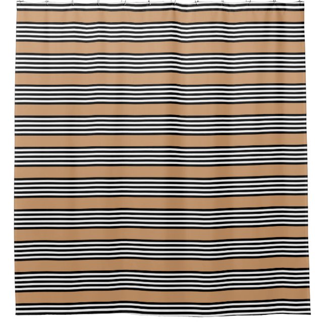 Black and white five stripe pattern with tan shower curtain (Front)