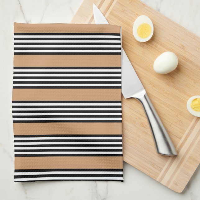 Black and white five stripe pattern with tan tea towel (Quarter Fold)