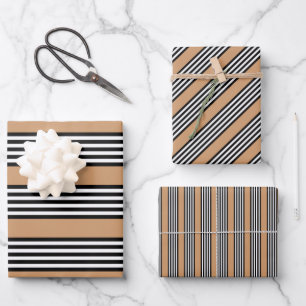 Black and white five stripe pattern with tan wrapping paper sheet