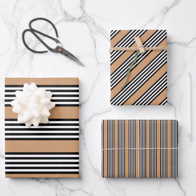 Black and white five stripe pattern with tan wrapping paper sheet (Front)