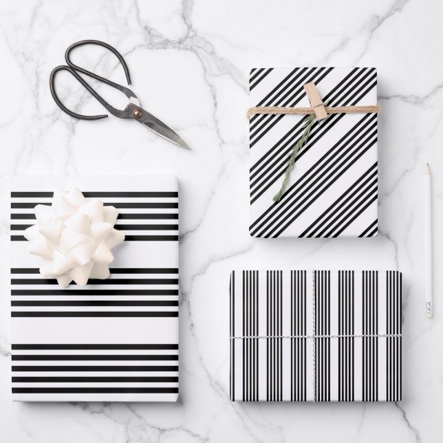 Black and white five stripe pattern wrapping paper sheet (Front)