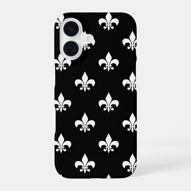 Black and White Fleur de Lis Pattern iPhone 16 Case (Back)