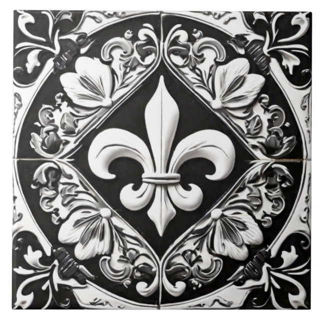 Black and White Fleur de Lis Tile (Front)