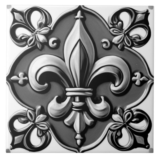 Black and White Fleur de Lis Tile (Front)