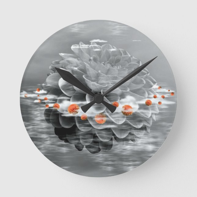 Black and White Floating Dahlia Round Clock (Front)