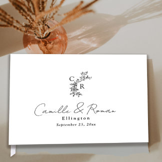 Black and White Flora Monogram Calligraphy Wedding Guest Book