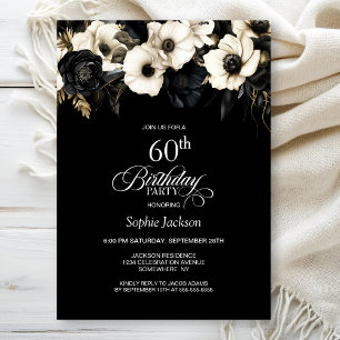 Black and White Floral 60th Birthday Party Invitation
