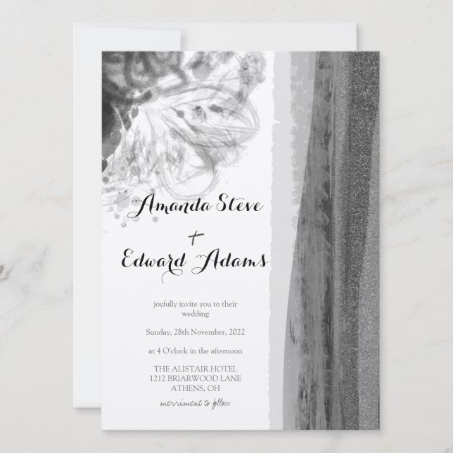 Black and White Floral Abstract Wedding Invitation (Front)
