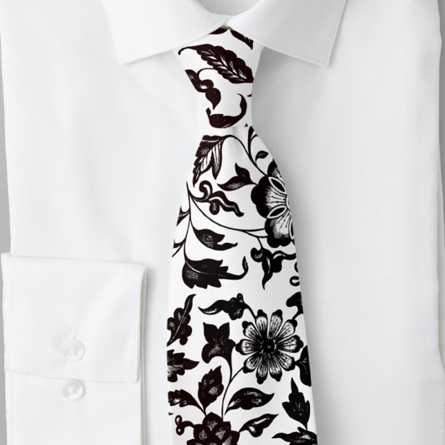  Black and White Floral and Leaves Botanical Tie (Creator Uploaded)